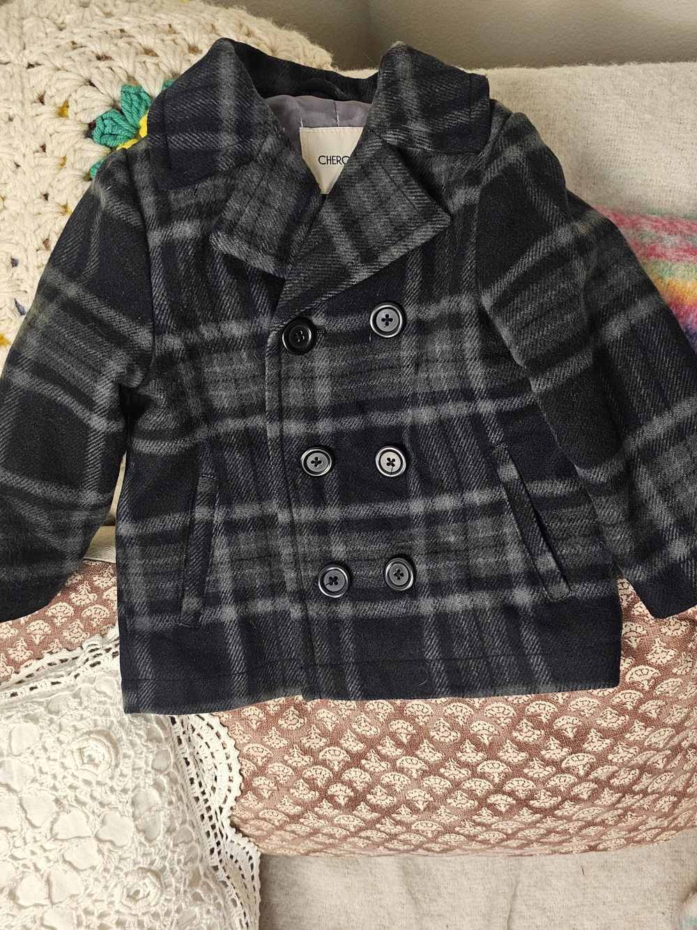 Cherokee Baby Plaid Peacoat Black Gray Double Breasted Fleece Lined 18M